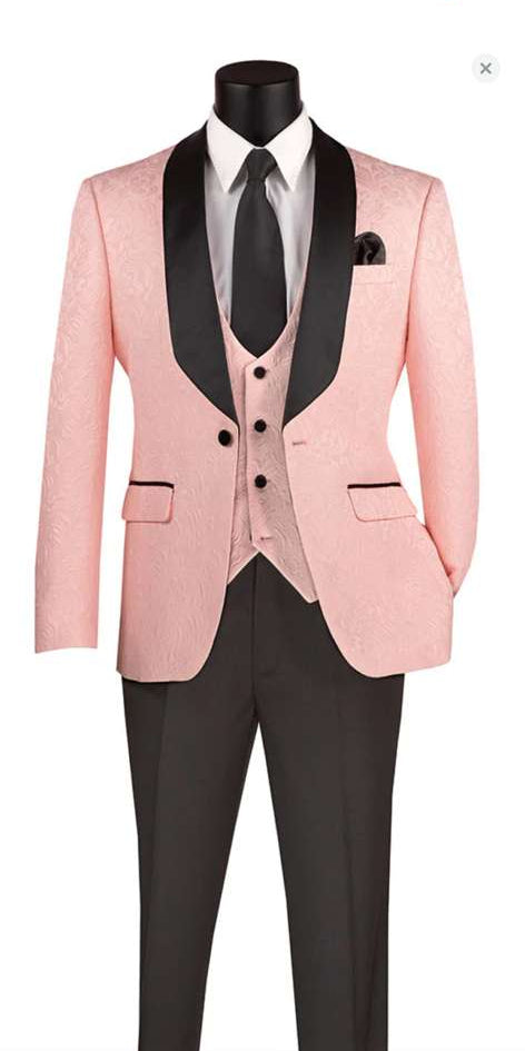 Men’s Blush Pink Tuxedo Suit Set with Black Shawl Lapel – 3 Piece Formal Wedding and Party Prom Vest + Black Pants