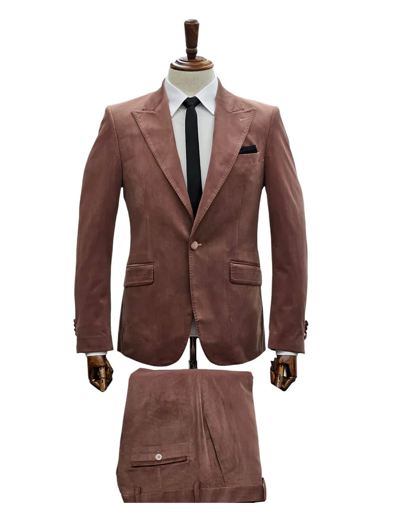Mens Mauve Velvet Suit  2 Piece Ultra Slim Fit Blazer and Pants Formal Set in Light Brown Tuxedo