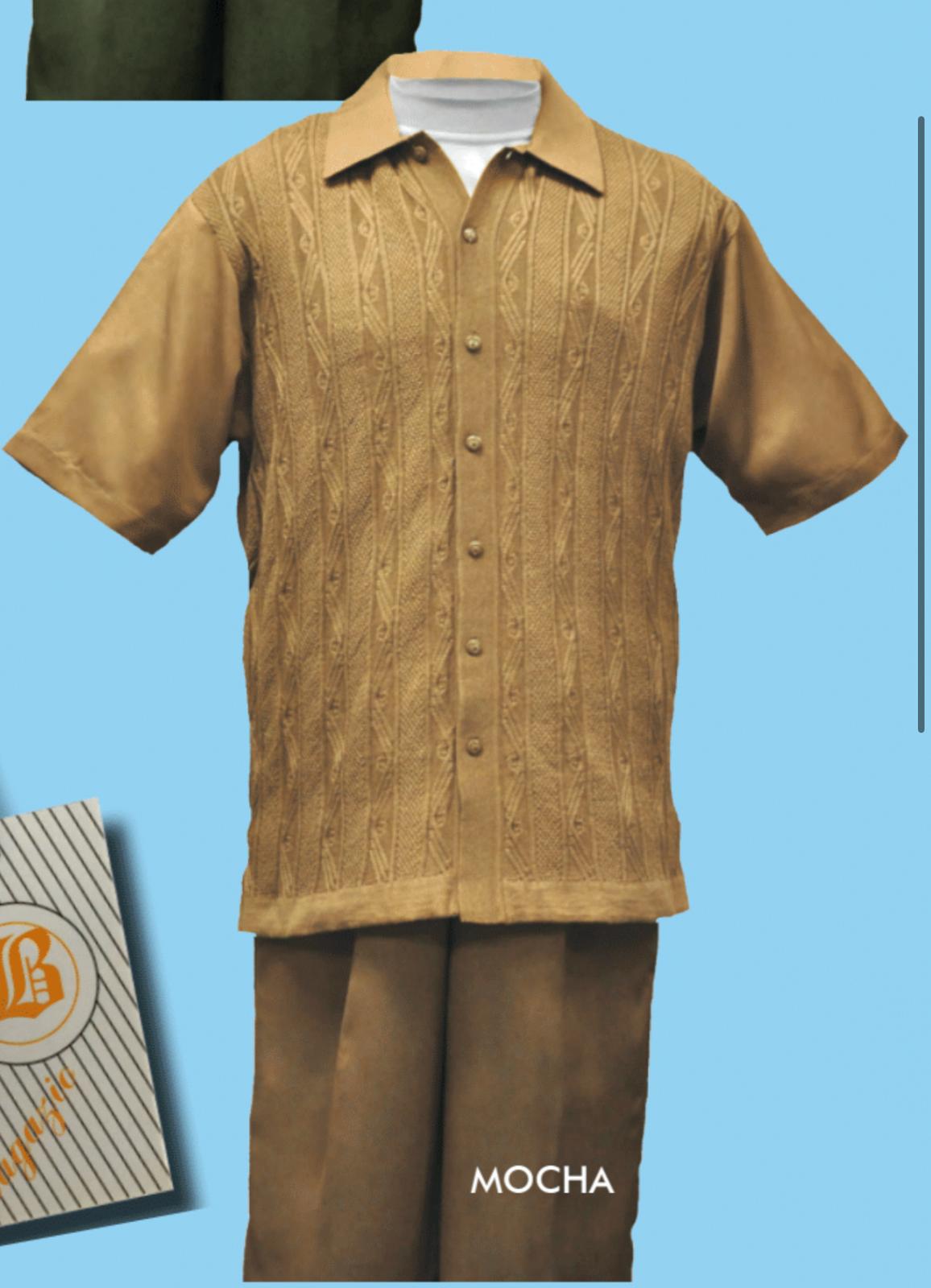 Mens Mocha Brown Short Sleeve Knit Walking Suit  Two-Piece Casual Button Down Set in Taupe Coffee Color