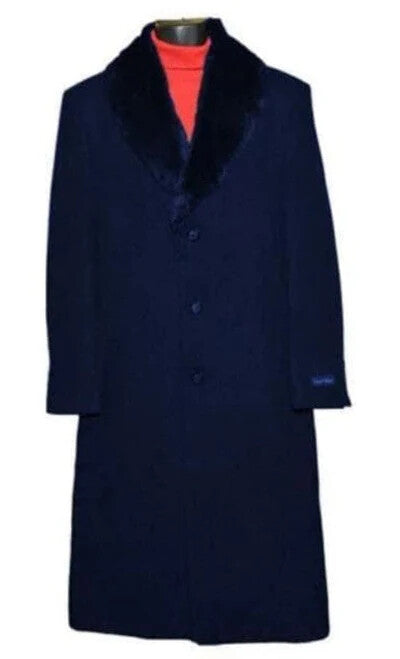 Men’s Dark Navy Blue Long Overcoat with Faux Fur Collar, Classic Winter Dress Coat for Formal