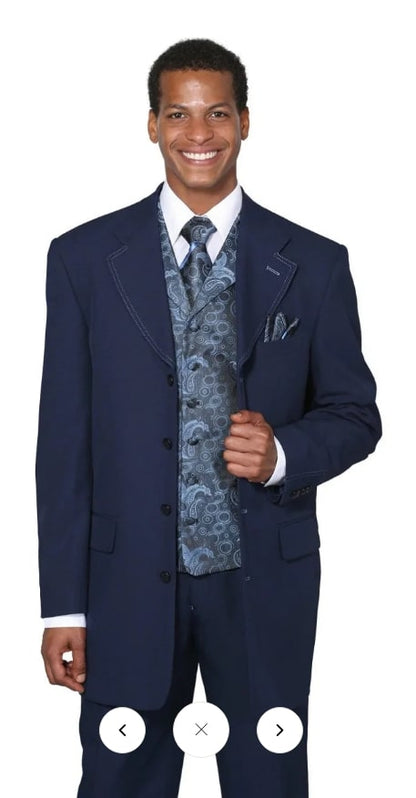 Mens 1920s Navy Blue Zoot Suit  Vintage Gangster 3-Piece Long Jacket Suit Classic Fit Pleated Pants