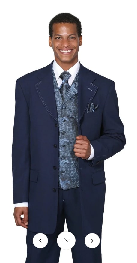 Mens 1920s Navy Blue Zoot Suit  Vintage Gangster 3-Piece Long Jacket Suit Classic Fit Pleated Pants
