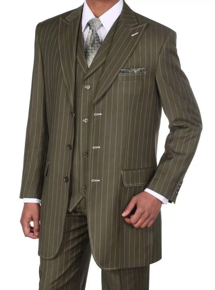 Mens Olive Green Pinstripe Zoot Suit  1920s Gangster Vintage 3-Piece Suit for Formal and Themed Events