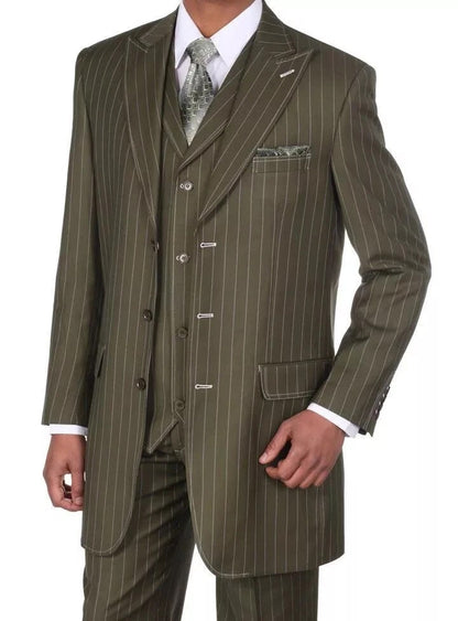 Mens Olive Green Pinstripe Zoot Suit  1920s Gangster Vintage 3-Piece Suit for Formal and Themed Events