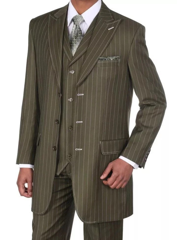 Men's Olive Green Pinstripe Zoot Suit - 1920s Gangster Vintage 3-Piece Suit for Formal and Themed Events