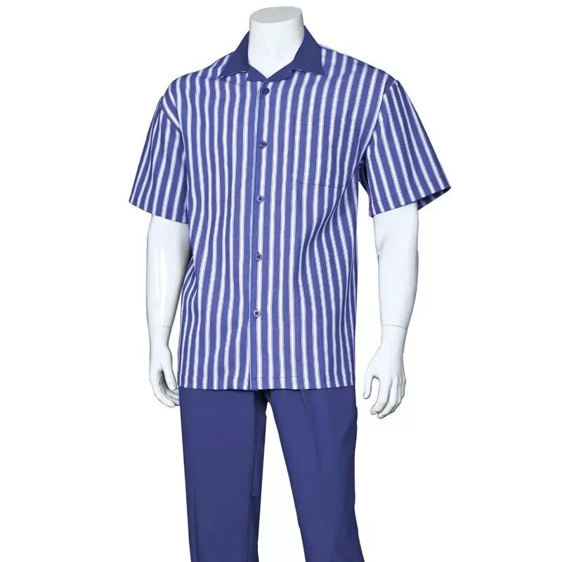 Mens Blue and White Vertical Stripe Short Sleeve Shirt Set  Casual Summer Two-Piece Outfit