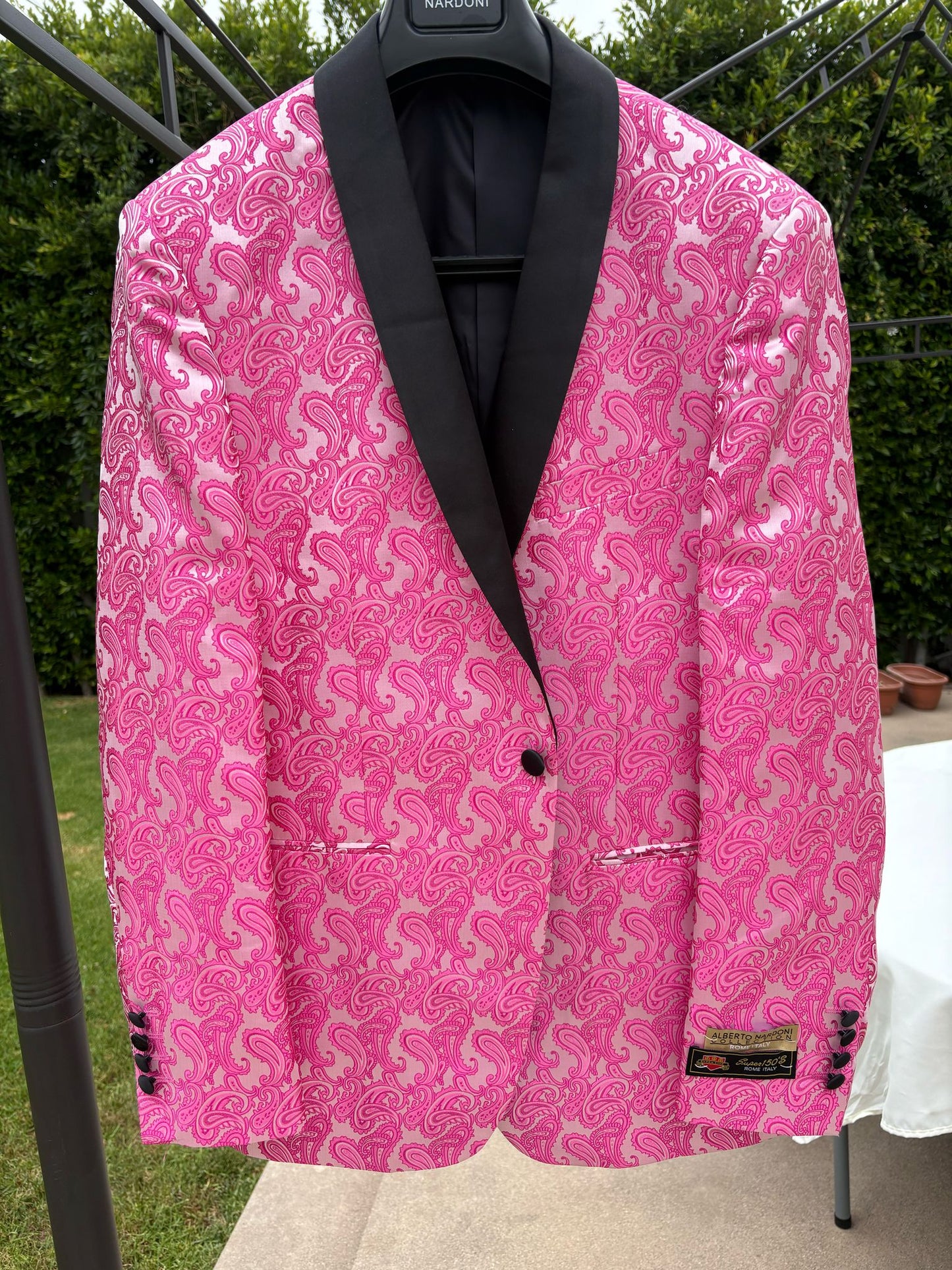 Mens Hot Pink Paisley Tuxedo Blazer with Black Shawl Lapel Fuchsia Color Dinner Jacket Perfect for Prom