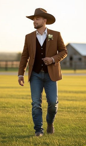 Mens Rust Copper Brown Western Blazer  Cowboy Style Classic Tailored Jacket for Weddings, Rodeos and Country Events