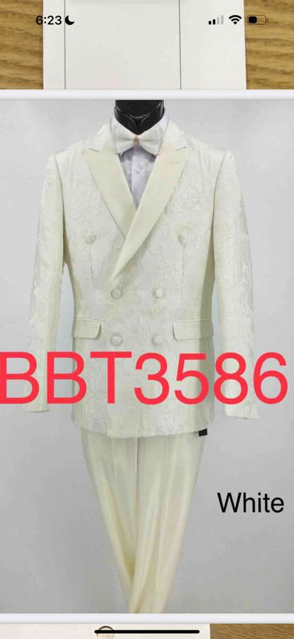 Mens Ivory Double Breasted Tuxedo Dinner Jacket  Textured Blazer Paisley Texture Pattern in Off White Cream Color  Bowtie