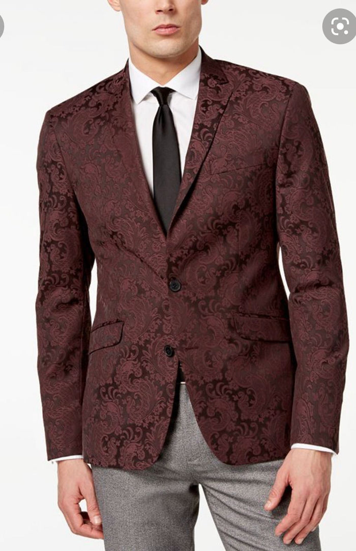 Mens Burgundy and Black Paisley Tuxedo Blazer  Slim Fit Formal Dinner Jacket