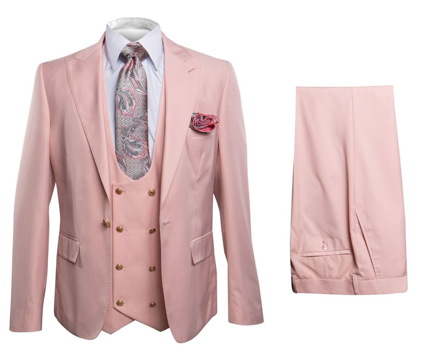 Mens Blush Pink and Gold Three-Piece Suit  Tailored Fit Formal Wedding, Vested Suit By Rossiman