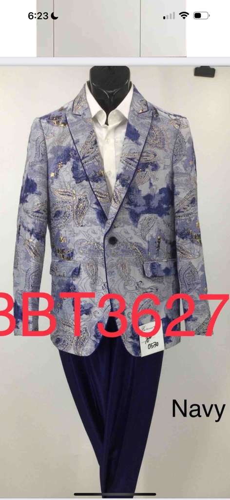 Mens Navy Blue and Gray Paisley Print Blazer Prom Jacket for Formal, Party, and Evening Wear