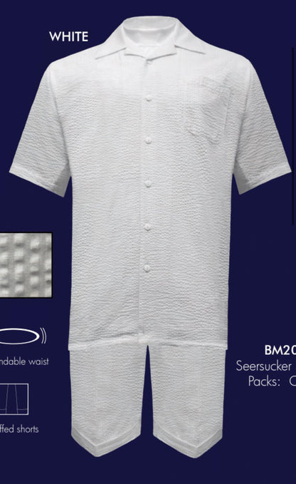 Mens White Seersucker Short Set  Lightweight Summer Outfit with Shirt and Shorts