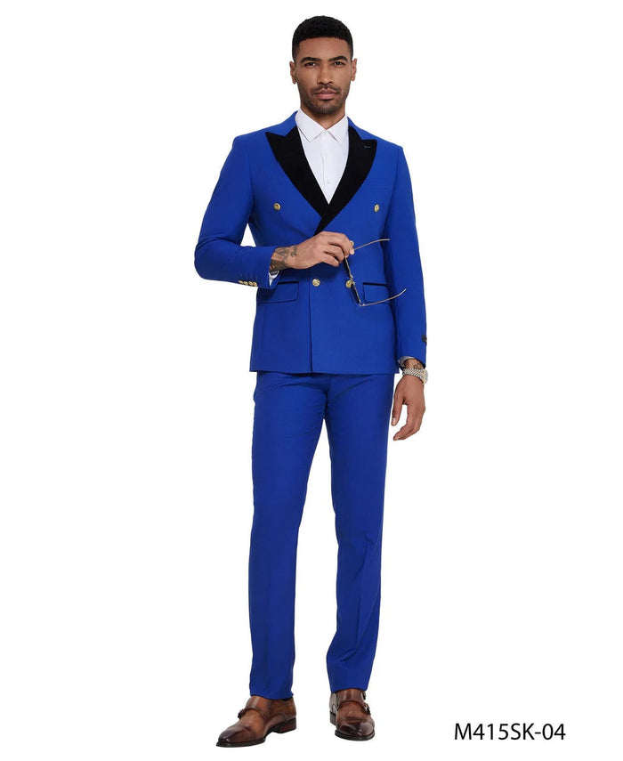 Mens Royal Blue Double-Breasted Tuxedo Suit  Modern Slim Fit Formal Wedding and Prom Outfit with Black Satin Lapel