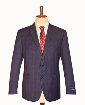 Mens Big and Tall Navy Blue with Burgundy Plaid Jacket and Sport Coat  Wool Blazer