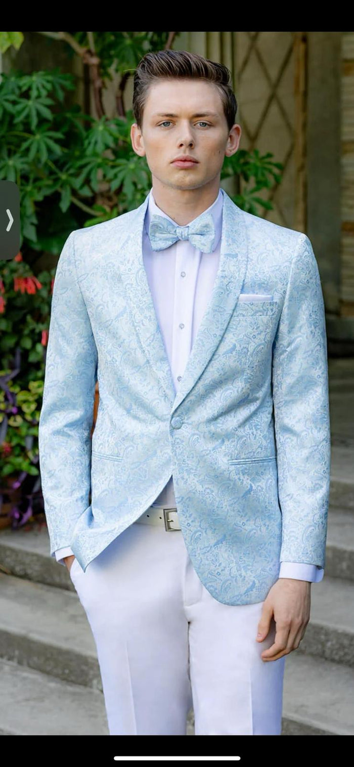 Mens Light Blue Paisley Tuxedo Jacket with Matching Bow Tie  Slim Fit Blazer for Weddings, Prom, and Formal Events