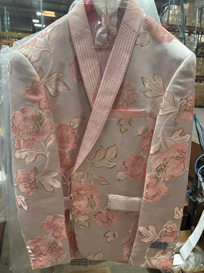Mens Pink Blush Floral Jacquard Blazer with Embellished Shawl Lapel  Luxury Party and Wedding Wear Jacket