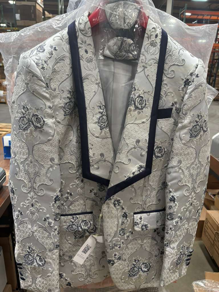 Mens White and Navy Blue Lapel  Floral Jacquard Blazer with Contrast Shawl Lapel  Luxury Wedding and Party Wear Jacket paisley Tuxedo Navy Pants