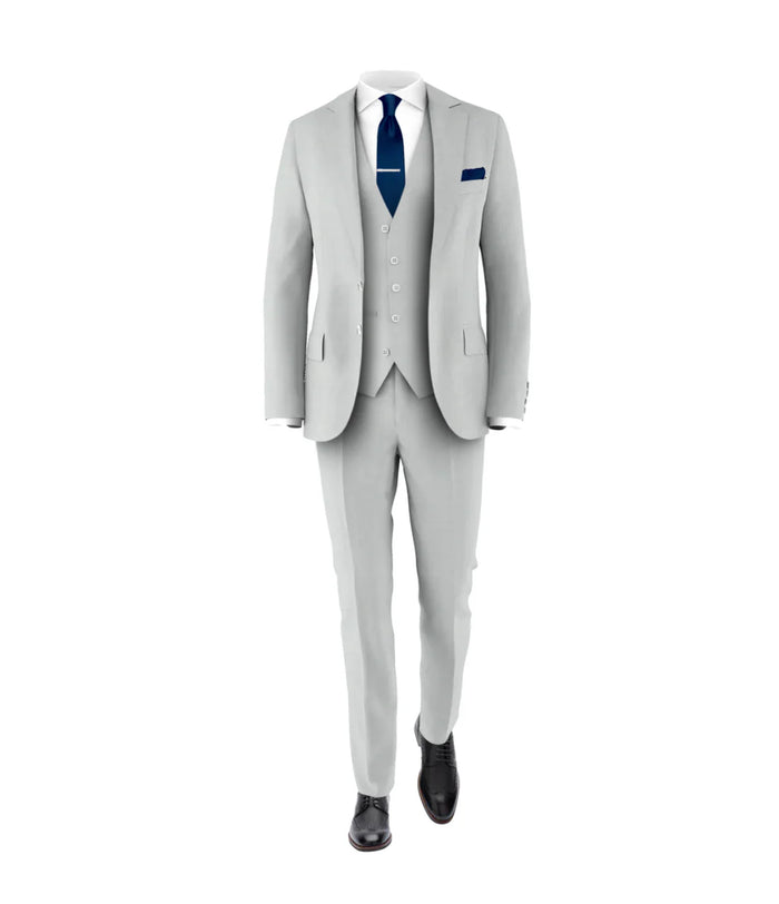 Men’s Silver & Navy Blue 3-Piece Suit – Wedding, Business and Formal Suit with Free Matching Tie