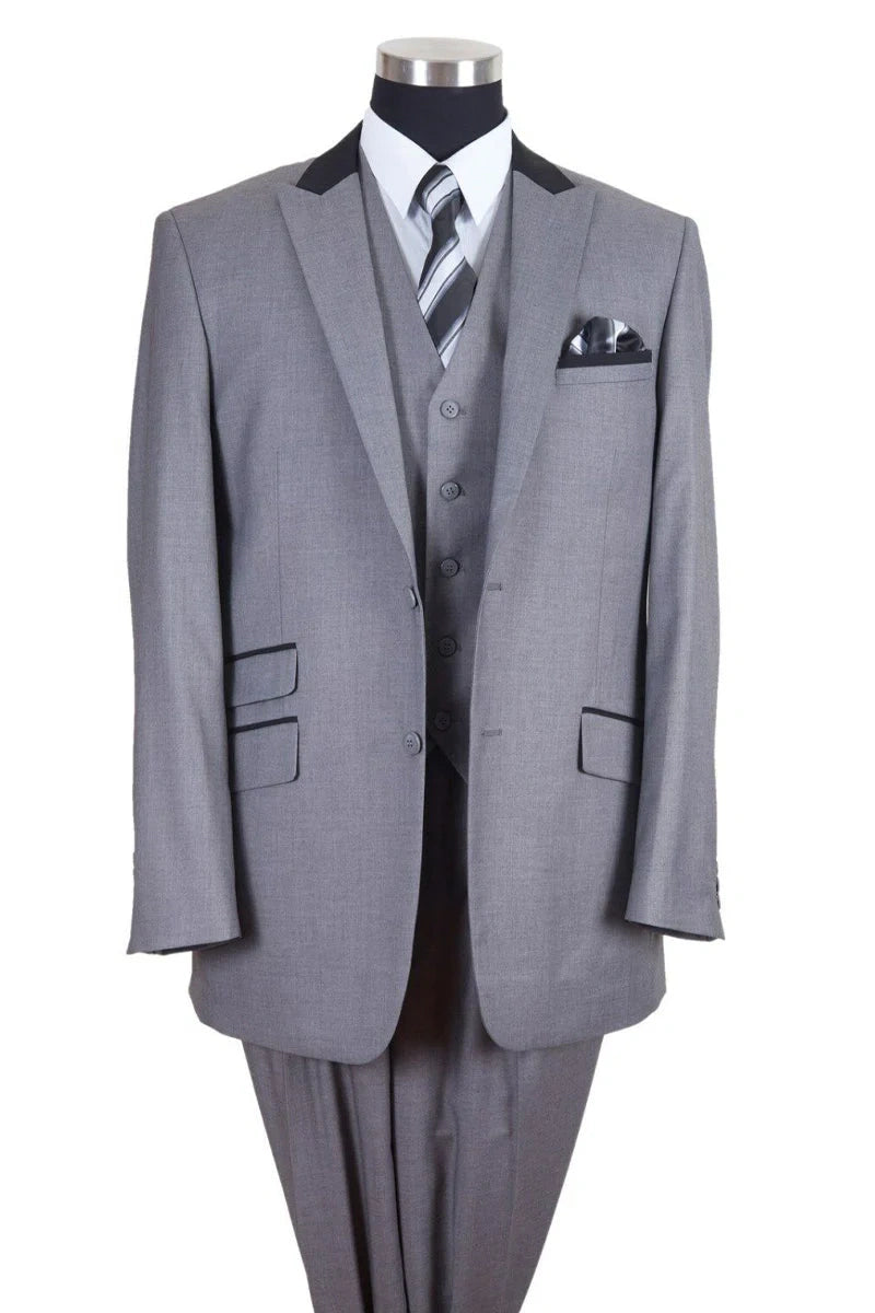 Men’s Light Gray Three Piece Suit with Black Chesterfield Collar  – Classic Formal Wedding and Business Suit Set 1920s Vintage