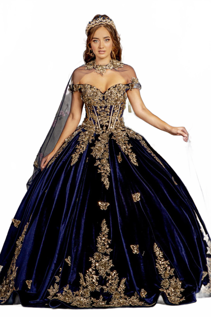 Navy Blue And Gold Quinceanera Dresses Velvet Cape Ball Gown by GL3471