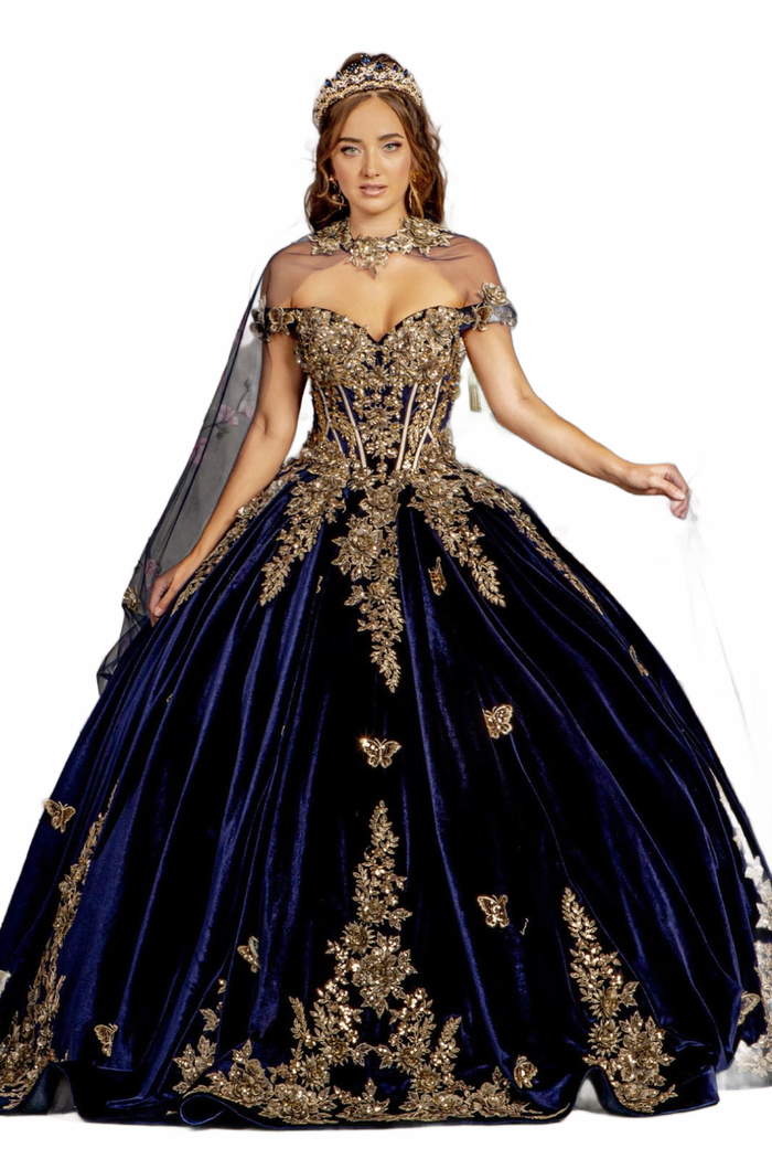 Navy Blue And Gold Quinceanera Dresses Velvet Cape Ball Gown by GL3471
