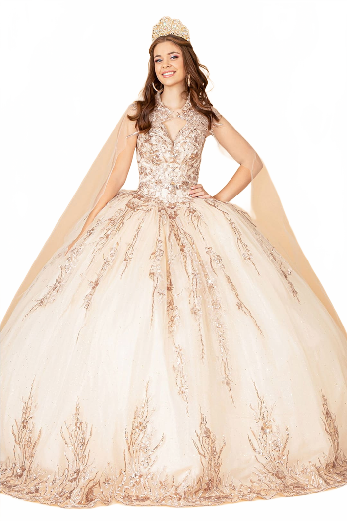 Embroidered Cape Ball Gown by Elizabeth KGL3076