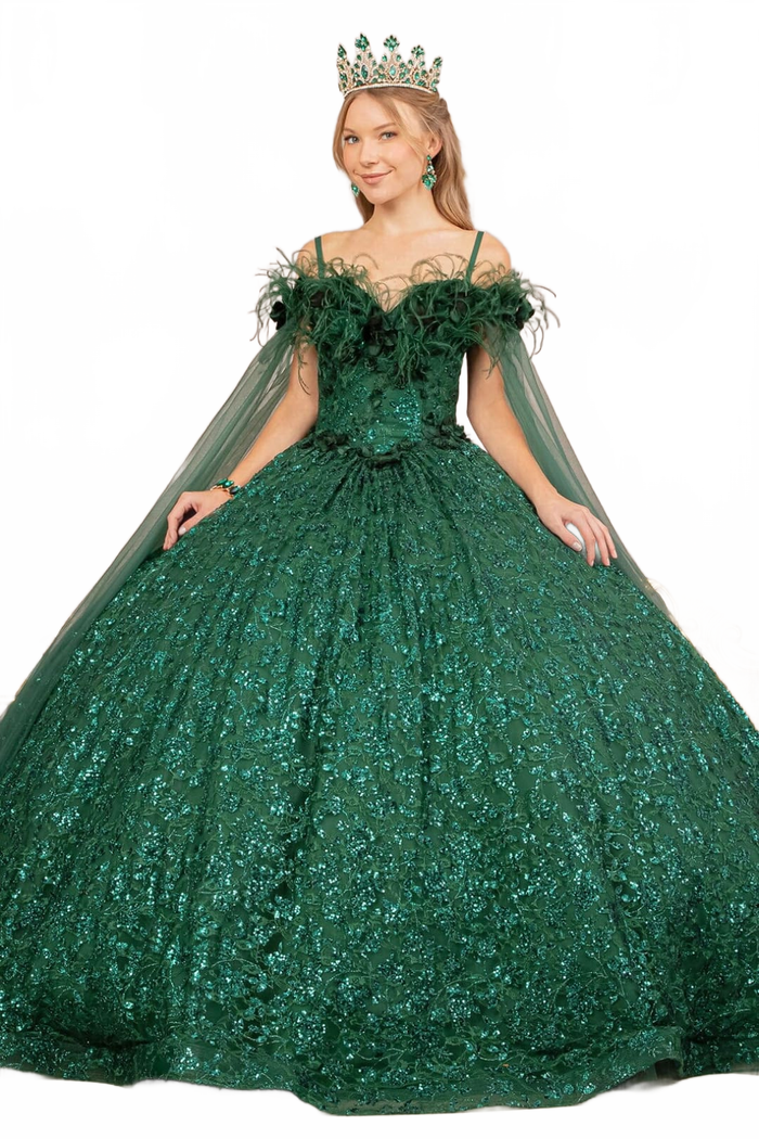 Sequin Cape Sleeve Feather Ball Gown by Elizabeth KGL3169