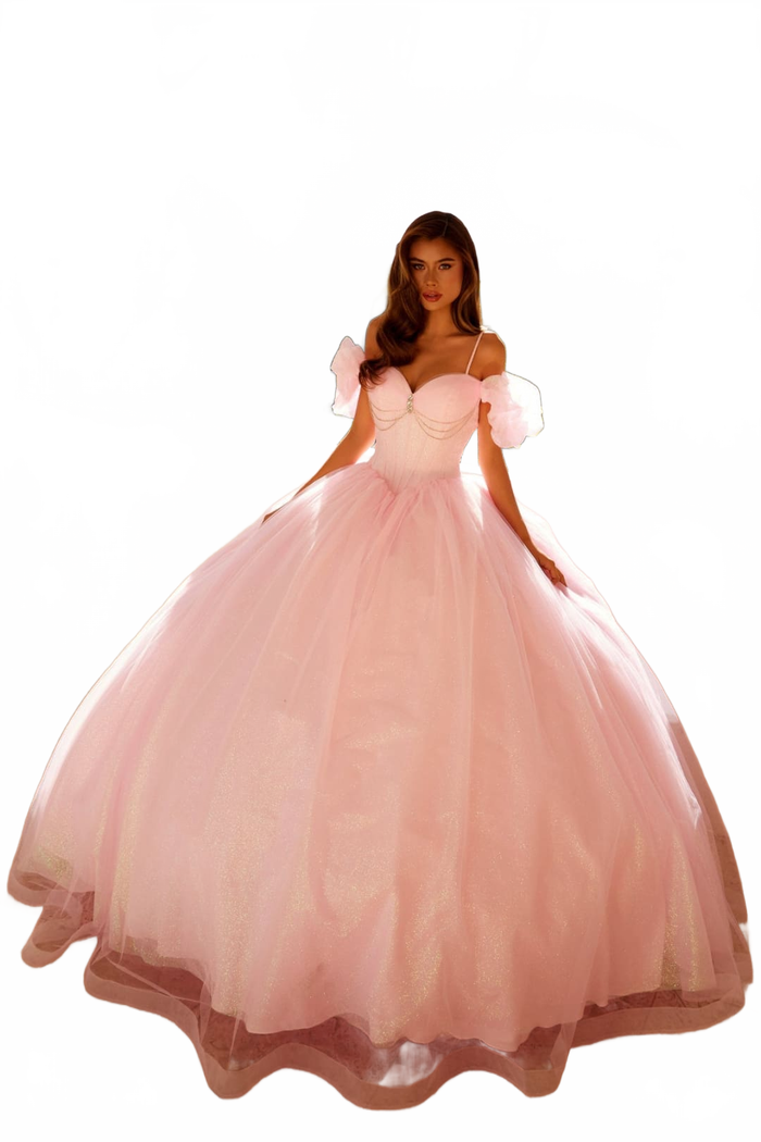 Glitter Tulle Off Shoulder Ball Gown by Juliet JT1487H