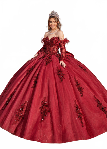 Rachel Allan RQ2171 Feather Long Sleeve Quinceanera Dress