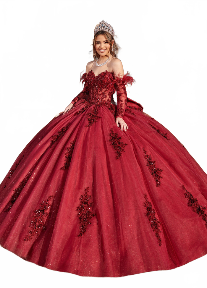 Rachel Allan RQ2171 Feather Long Sleeve Quinceanera Dress