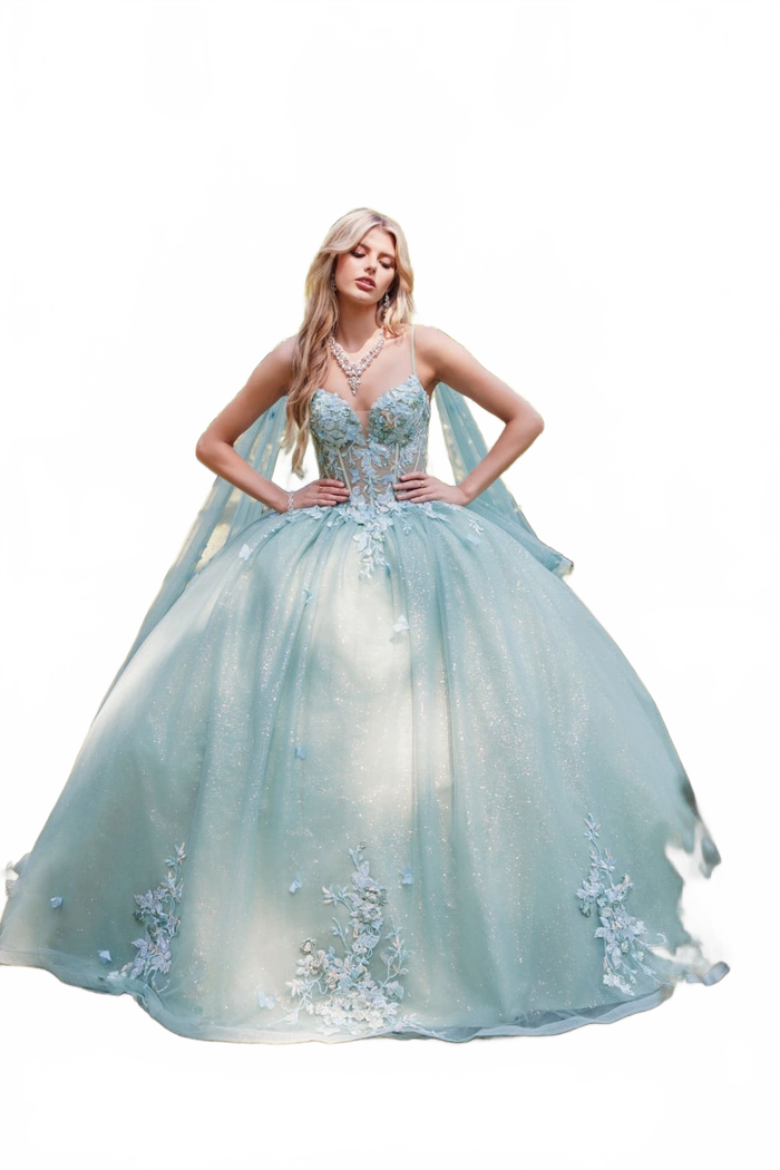 Applique Cape Sleeve Tiered Ball Gown by Juliet JT1466H