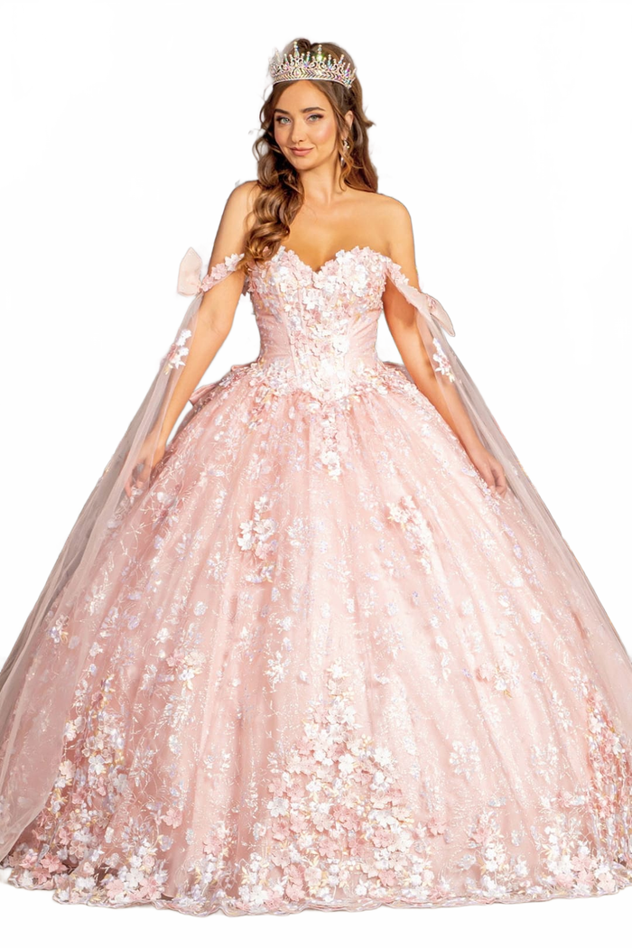 Floral Off Shoulder Cape Sleeve Ball Gown by GLS Gloria GL3465