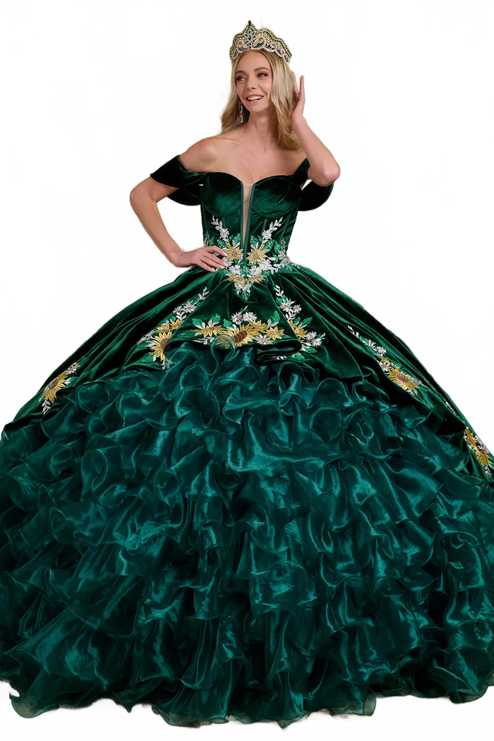 Emerald Green Charro Quinceanera Dress Sweetheart Ruffled Ball Gown by Elizabeth K GL3637