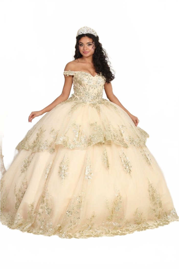 Layla K LK224 Plus Size Champagne Quinceanera Dress Off-Shoulder Embellished Glitter Ball Gown