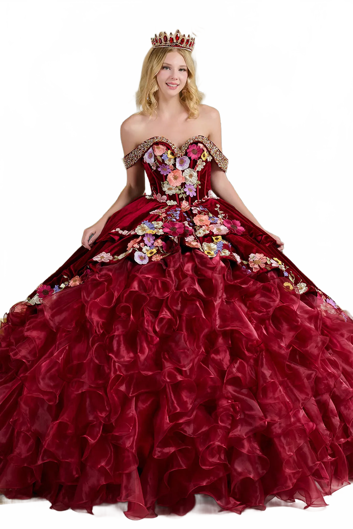 Burgundy Charro Quinceanera Dress Off Shoulder Ruffled Ball Gown by Elizabeth K GL3638
