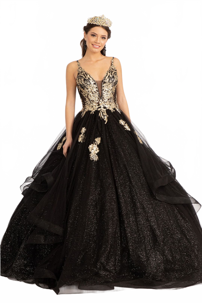 Black & Gold Quinceanera Dress Illusion Ball Gown by Elizabeth K GL3021