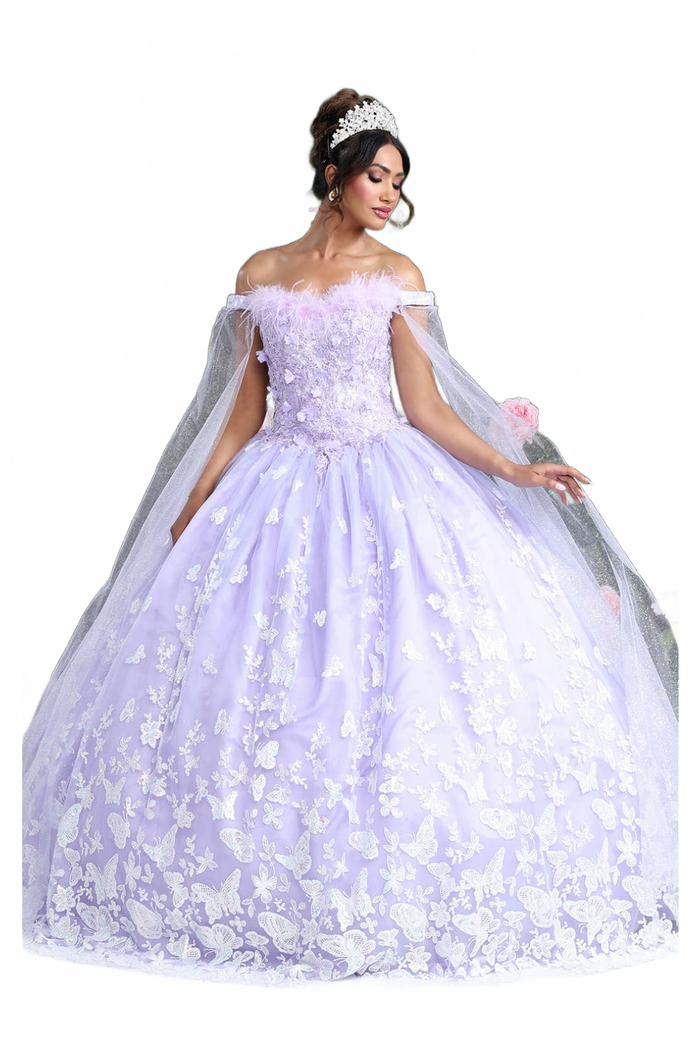 Glitter Butterfly Applique Cape Sleeves Quinceanera Gown