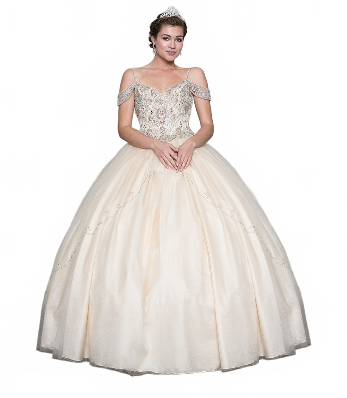Beaded Long Cold Shoulder Dress with A-Line Skirt: Calla KY78011