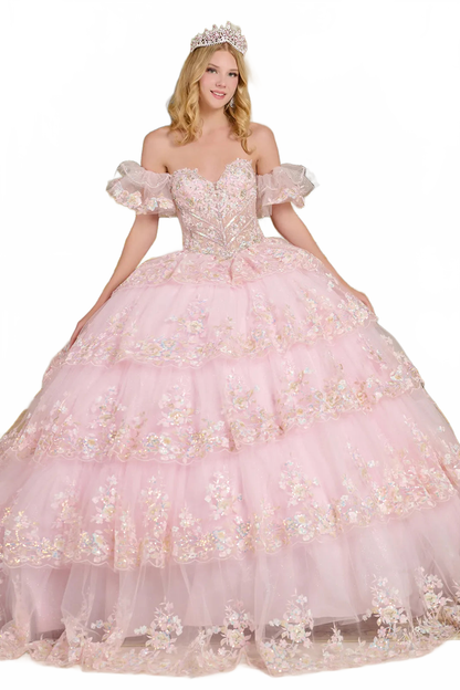 Off Shoulder Tiered Ball Gown by Elizabeth K GL3650