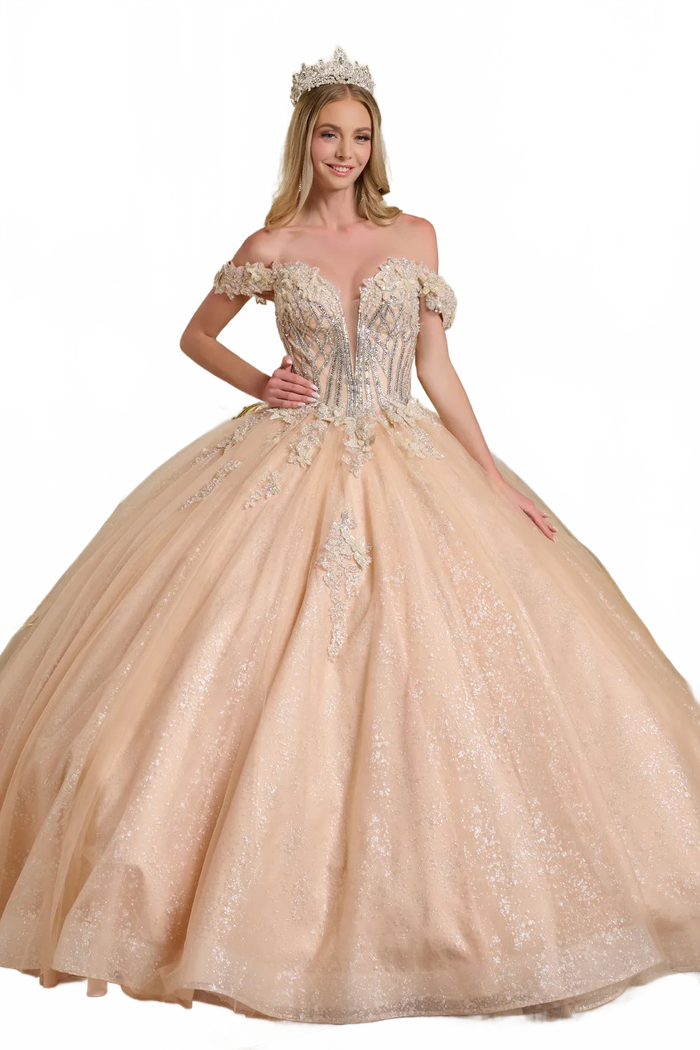 Champagne Quinceanera Dress Off Shoulder Ball Gown by Elizabeth K GL3630