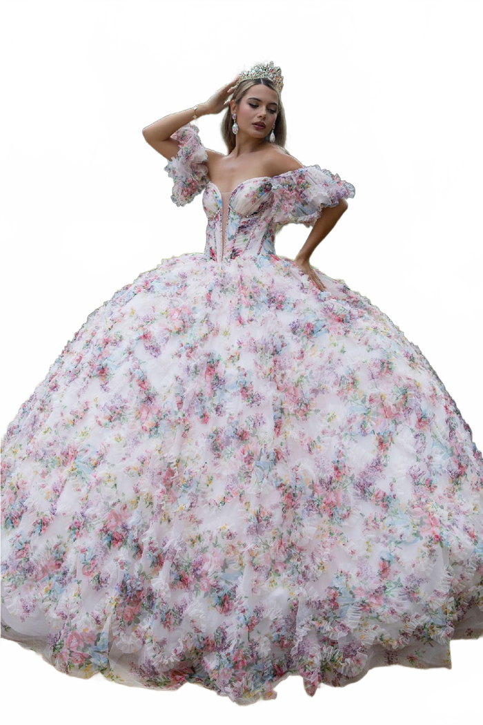 Print Quinceanera Dress Off Shoulder Corset Ball Gown by GLS Gloria GL3609