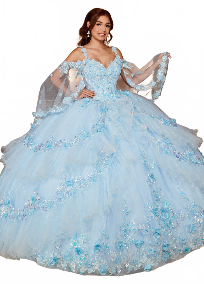 Rachel Allan RQ3103 Cape Sleeve Tiered Quinceanera Dress
