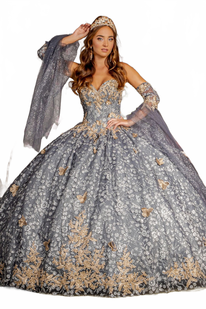 3D Butterfly Bell Sleeve Ball Gown by GLS Gloria GL3318