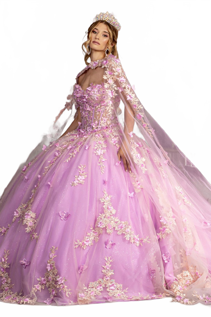 Floral Applique Cape Sleeve Ball Gown by GLS Gloria GL3467