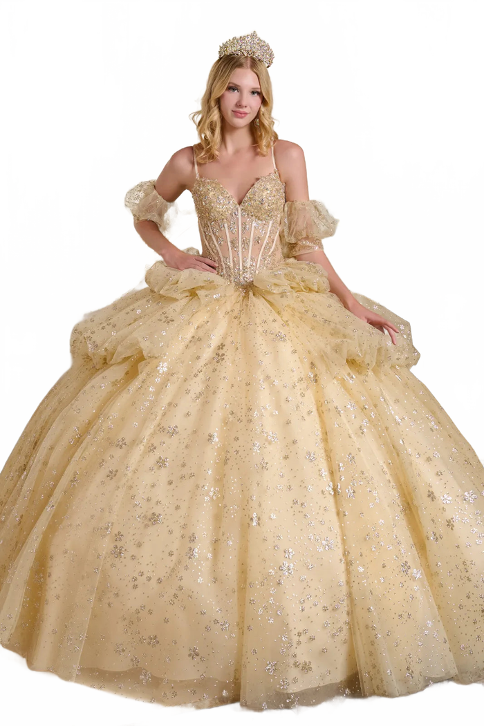 Champagne Quinceanera Dress Glitter Print V-Neck Ball Gown by Elizabeth K GL3646