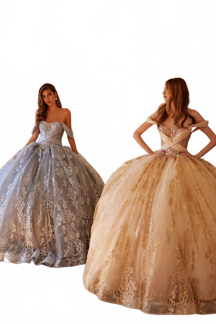 Glitter Print Off Shoulder Ball Gown by Juliet JT1488H