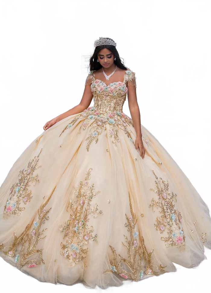 Rachel Allan RQ3126 Fringe Cap Sleeve Quinceanera Dress