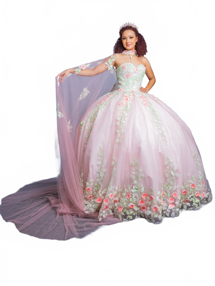 Floral Applique Strapless Cape Ball Gown by Calla SCL30004