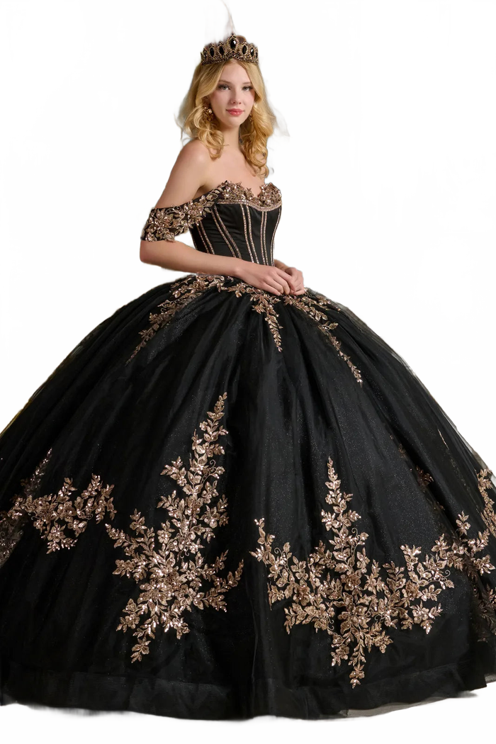 Black and Gold Quince Dress Off Shoulder Ball Gown by Elizabeth K GL3640